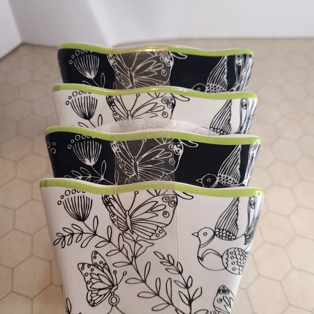 Cynthia Rowley Set of 4 Square Appetizer Bowls Black White & Green